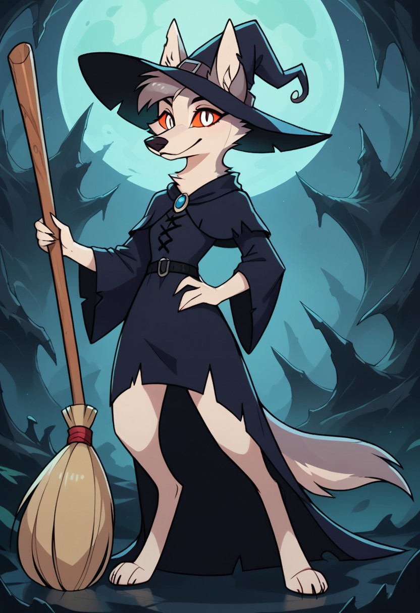SCORE_9, SCORE_8_UP, SOURCE_FURRY, BREAK, SOLO, HOUNDSONA, BLIND EYES, FEMALE, FURRY, DECREPIT, HOBBLING, WHITE SHAGGY FUR, GREY HAIR, VERY OLD AGE, WITCH DRESS, WITCH HAT, BROOM, BREAK, DARK CAVE, HIGH RESOLUTION, VIVID TEXTURES, DETAILED PUPILS