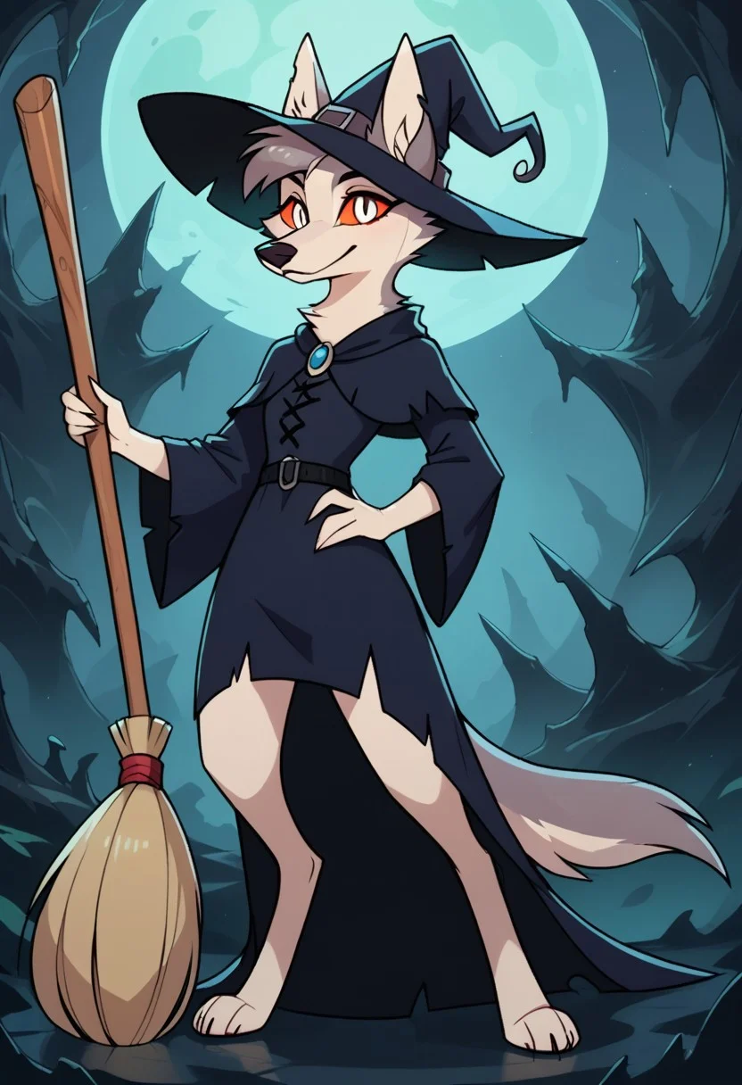 SCORE_9, SCORE_8_UP, SOURCE_FURRY, BREAK, SOLO, HOUNDSONA, BLIND EYES, FEMALE, FURRY, DECREPIT, HOBBLING, WHITE SHAGGY FUR, GREY HAIR, VERY OLD AGE, WITCH DRESS, WITCH HAT, BROOM, BREAK, DARK CAVE, HIGH RESOLUTION, VIVID TEXTURES, DETAILED PUPILS