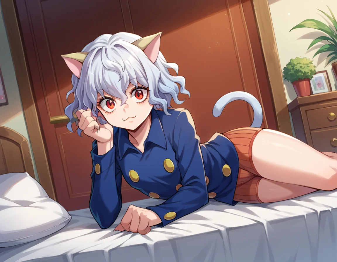 score_9, score_8_up, score_7_up, source_anime,
neferpitou, <lora:neferpitou-ponyxl-lora-nochekaiser:1>,
neferpitou, short hair, red eyes, animal ears, tail, white hair, cat ears, cat tail, curly hair, smile,
long sleeves, shorts,
indoors, bed, bed room, on side,
looking at viewer, dutch angle, cowboy shot,