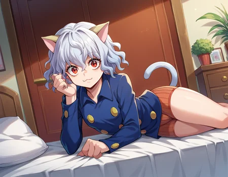 score_9, score_8_up, score_7_up, source_anime,
neferpitou, <lora:neferpitou-ponyxl-lora-nochekaiser:1>,
neferpitou, short hair, red eyes, animal ears, tail, white hair, cat ears, cat tail, curly hair, smile,
long sleeves, shorts,
indoors, bed, bed room, on side,
looking at viewer, dutch angle, cowboy shot,