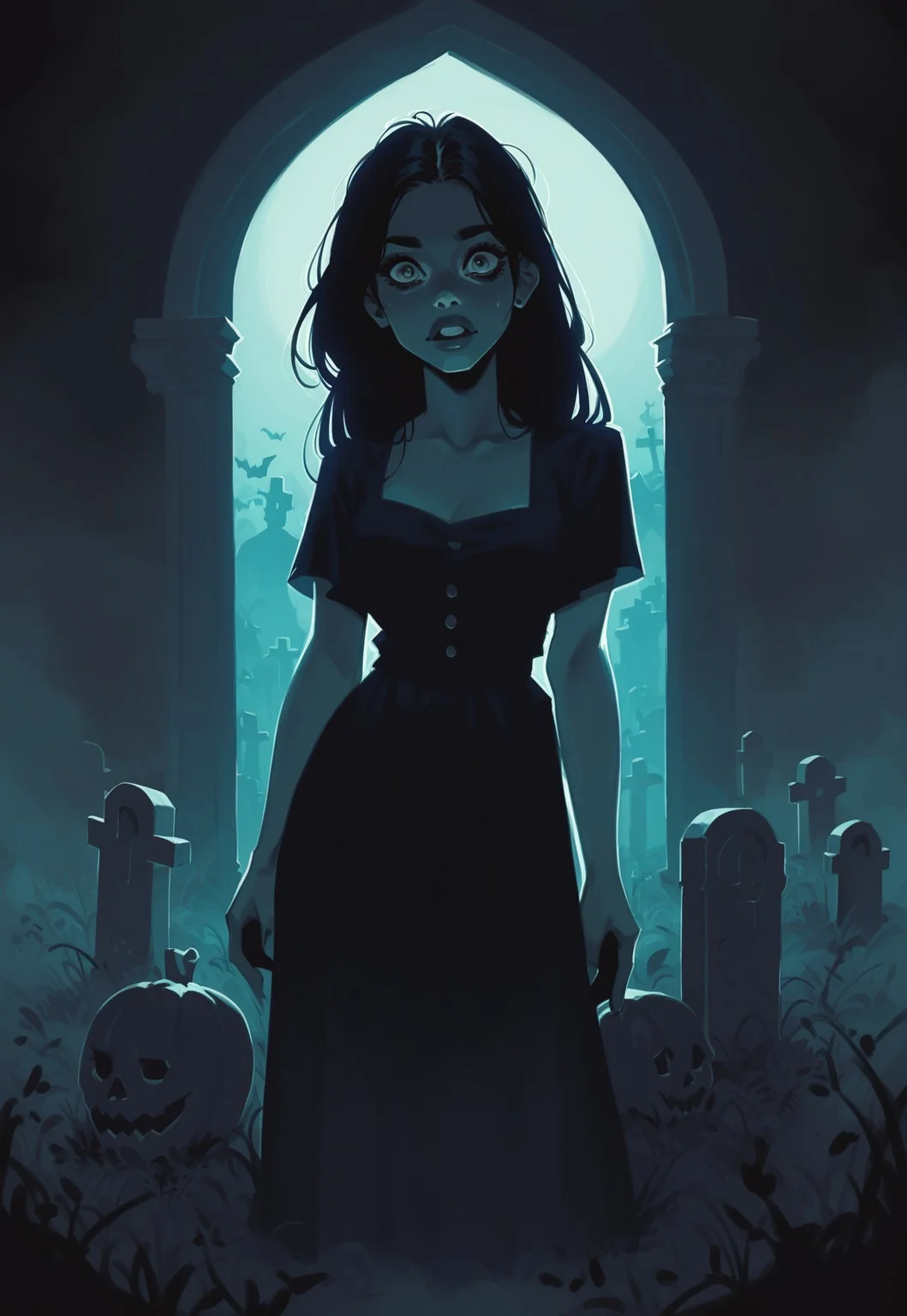 score_9, score_8_up, score_7_up, score_6_up, 1 woman, ghost, see-throw body, scared, long hair, magic, night, midnight, fog, halloween, dramatic lighting, backlight, looking at viewer, cemetery, gravestones, rating_safe