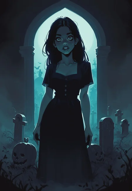score_9, score_8_up, score_7_up, score_6_up, 1 woman, ghost, see-throw body, scared, long hair, magic, night, midnight, fog, halloween, dramatic lighting, backlight, looking at viewer, cemetery, gravestones, rating_safe