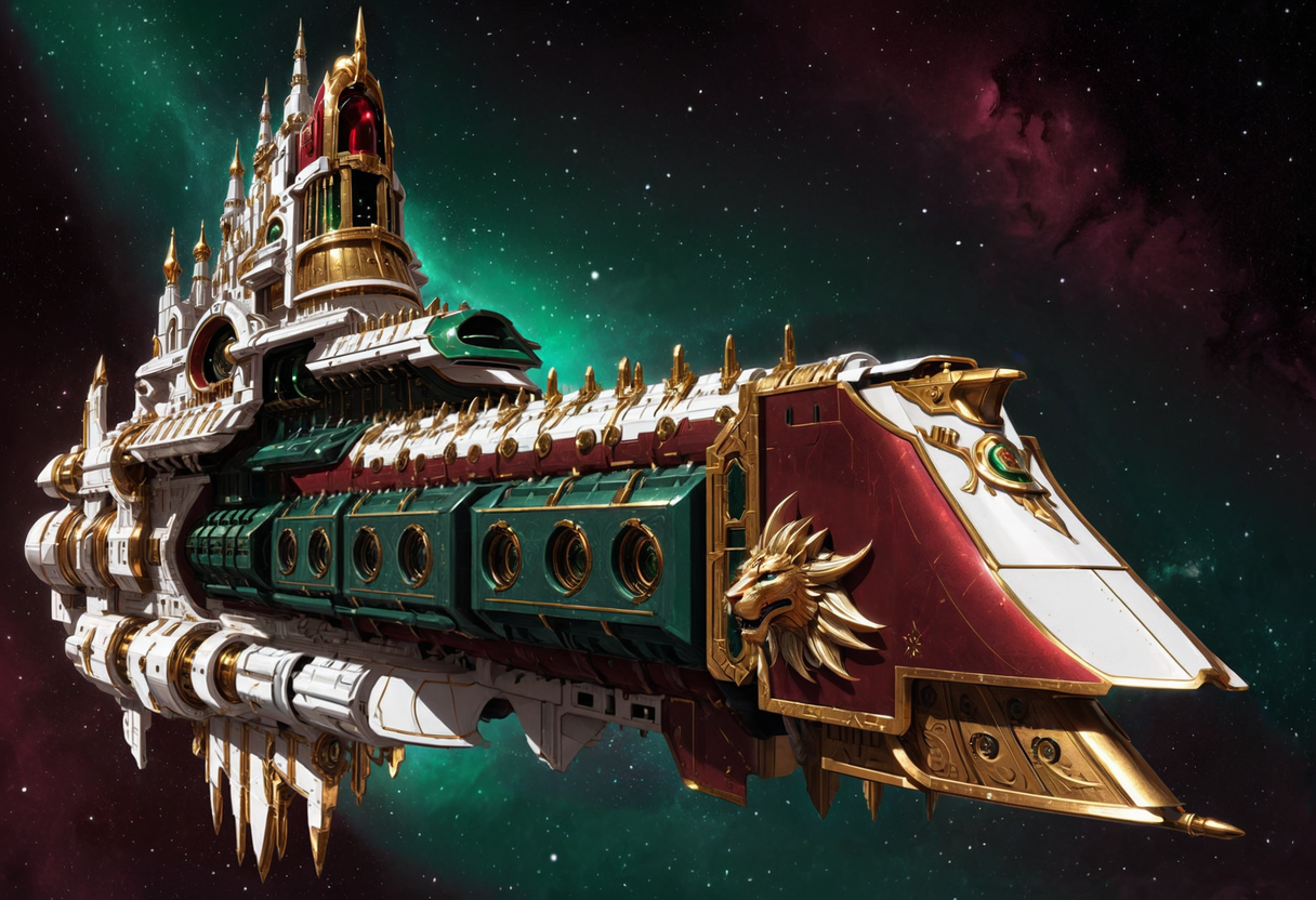 (Digital illustration), bold lines, dramatic shading, line art, concept art style,digital painting,digital illustration, dark red and green and gold and white impstarship (Emperor-class Battleship) ship head golden lion,in outer space,solo,side view,ornate, accretion disk, ship with massive multidesk cannon ports and covered with Gothic cathedrals, <lora:Imperial_Navy_-_Warhammer_40000_SDXL:0.8> impstarship
