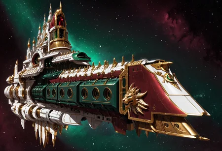 (Digital illustration), bold lines, dramatic shading, line art, concept art style,digital painting,digital illustration, dark red and green and gold and white impstarship (Emperor-class Battleship) ship head golden lion,in outer space,solo,side view,ornate, accretion disk, ship with massive multidesk cannon ports and covered with Gothic cathedrals, <lora:Imperial_Navy_-_Warhammer_40000_SDXL:0.8> impstarship
