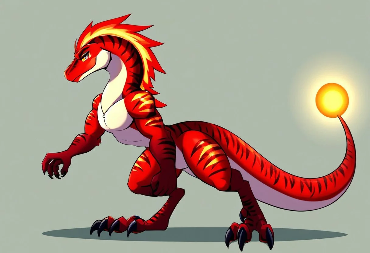 A breathtakingly hyper-realistic masterpiece of an anime anthro furry raptor standing proudly atop a rocky promontory overlooking a vast, ethereal landscape. The creature is a majestic blend of the fiercest predator of the dinosaur age with the elegance of a human form. Its sleek fur, primarily a deep shade of emerald green, is adorned with intricate patterns of gold and crimson that shimmer in the soft, dappled light of a setting sun. The fur transitions seamlessly into feathers along the tail and neck, which are a vibrant mix of amber and sapphire hues. Its piercing eyes, a brilliant turquoise, hold a profound wisdom beyond its feral nature. The anthro raptor's muscular frame, adorned with a minimalist, ancient-inspired outfit, exudes power and agility. The background is a canvas of blended colors, with the horizon line a fiery mix of oranges and purples that melt into a serene sky dotted with celestial bodies. The scene is so lifelike that one can almost hear the distant echo of its powerful roar, as the wind gently sways the towering trees and makes the long, flowing grass dance around the rocky outcrop. The attention to detail is astonishing, from the subtle flex of its talons to the delicate feathers fluttering in the breeze. This masterpiece captures the essence of a creature that bridges the gap between fantasy and reality, leaving the viewer in awe of the artist's ability to imbue a fictional being with such a vivid, tangible presence.