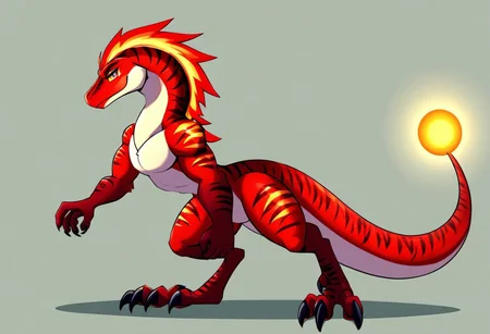 A breathtakingly hyper-realistic masterpiece of an anime anthro furry raptor standing proudly atop a rocky promontory overlooking a vast, ethereal landscape. The creature is a majestic blend of the fiercest predator of the dinosaur age with the elegance of a human form. Its sleek fur, primarily a deep shade of emerald green, is adorned with intricate patterns of gold and crimson that shimmer in the soft, dappled light of a setting sun. The fur transitions seamlessly into feathers along the tail and neck, which are a vibrant mix of amber and sapphire hues. Its piercing eyes, a brilliant turquoise, hold a profound wisdom beyond its feral nature. The anthro raptor's muscular frame, adorned with a minimalist, ancient-inspired outfit, exudes power and agility. The background is a canvas of blended colors, with the horizon line a fiery mix of oranges and purples that melt into a serene sky dotted with celestial bodies. The scene is so lifelike that one can almost hear the distant echo of its powerful roar, as the wind gently sways the towering trees and makes the long, flowing grass dance around the rocky outcrop. The attention to detail is astonishing, from the subtle flex of its talons to the delicate feathers fluttering in the breeze. This masterpiece captures the essence of a creature that bridges the gap between fantasy and reality, leaving the viewer in awe of the artist's ability to imbue a fictional being with such a vivid, tangible presence.