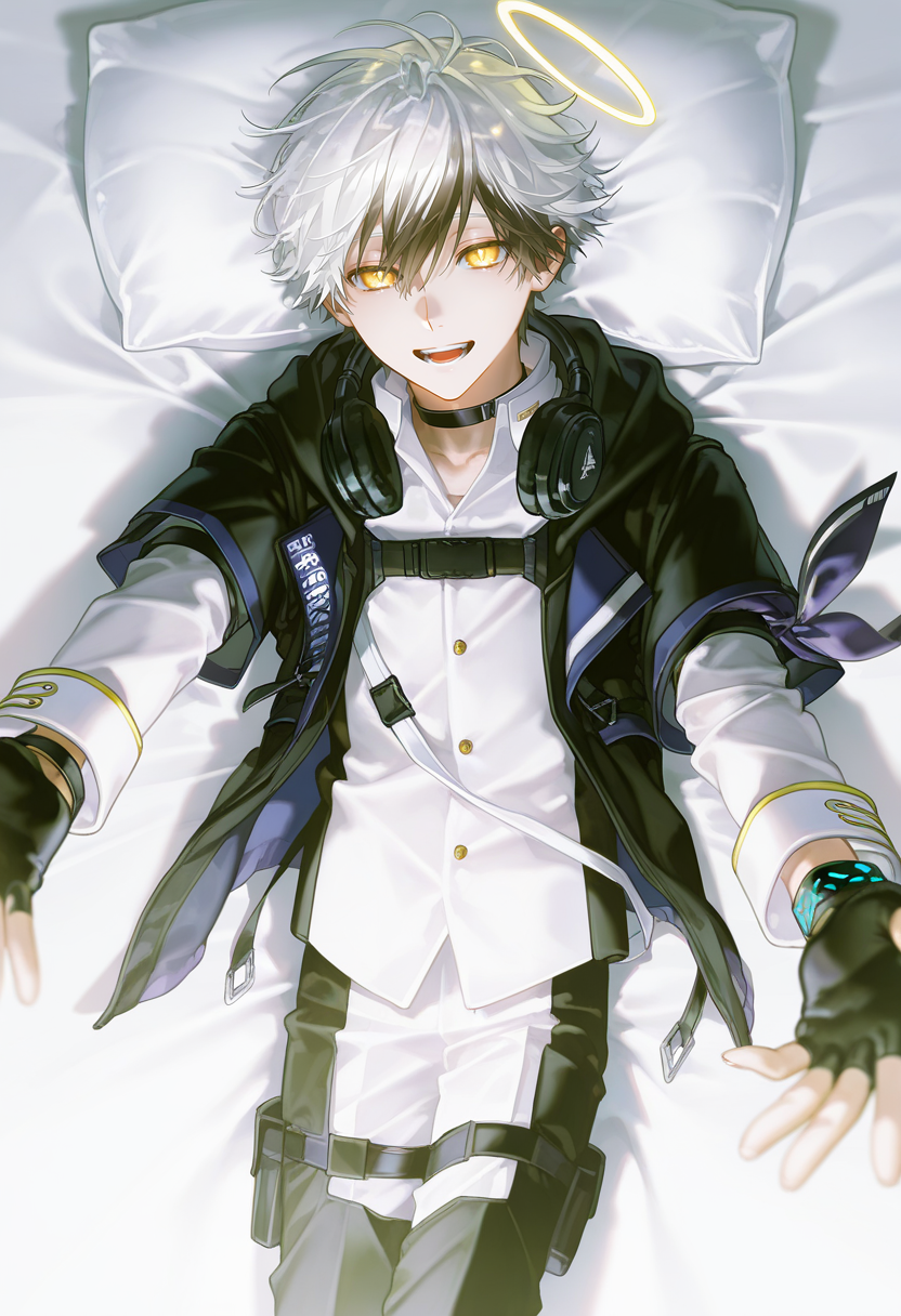 1boy, adnachiel \(arknights\), adnachiel, solo, mature male, tilted halo, yellow eyes, bright pupils, short hair, white hair, black streaked hair, (krenz, quuni, yoneyama mai:1.2), nyalia, depth of field, from above, white theme, lying, on bed, on back, reaching towards viewer, legs folded, looking at viewer, smile, teeth, short over long sleeves, white gakuran, white shirt, gold buttons, collared shirt, white sleeves, sleeve cuffs, choker, black headphones, headphones around neck, black jacket, chest belt, short-sleeved jacket, hood down, bandana around arm, single wristband, open jacket, thigh strap, thigh pouch, fingerless gloves, black gloves, two-tone pants, black pants, white pants, brown boots, detailed face, perfect eyes, masterpiece, best quality, newest, absurdres, highres, explicit, <lora:Adnachielå®å¾·åå°5 lora.TA_trained:0.8>, <lora:DetailedEyes_xl_V2:1>, <lora:add-detail-xl:2>, <lora:ChamIllustriousBackgroundEnhancer:0.8>,  <lora:nyalia:0.4>