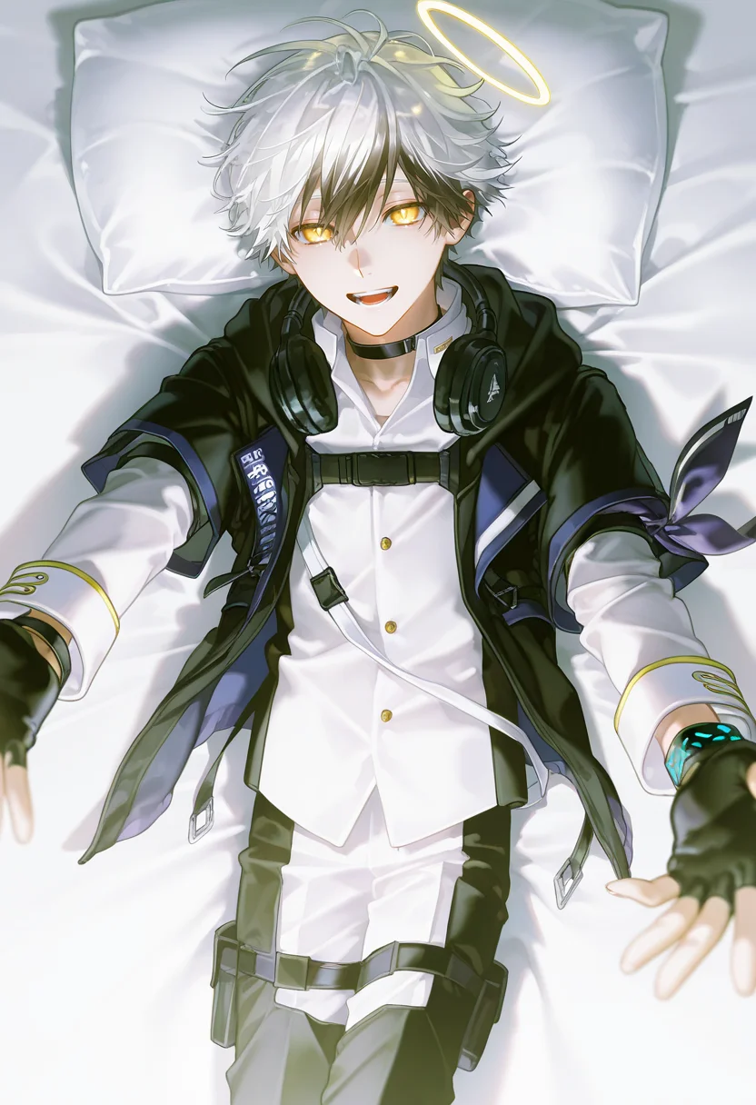 1boy, adnachiel \(arknights\), adnachiel, solo, mature male, tilted halo, yellow eyes, bright pupils, short hair, white hair, black streaked hair, (krenz, quuni, yoneyama mai:1.2), nyalia, depth of field, from above, white theme, lying, on bed, on back, reaching towards viewer, legs folded, looking at viewer, smile, teeth, short over long sleeves, white gakuran, white shirt, gold buttons, collared shirt, white sleeves, sleeve cuffs, choker, black headphones, headphones around neck, black jacket, chest belt, short-sleeved jacket, hood down, bandana around arm, single wristband, open jacket, thigh strap, thigh pouch, fingerless gloves, black gloves, two-tone pants, black pants, white pants, brown boots, detailed face, perfect eyes, masterpiece, best quality, newest, absurdres, highres, explicit, <lora:Adnachielå®å¾·åå°5 lora.TA_trained:0.8>, <lora:DetailedEyes_xl_V2:1>, <lora:add-detail-xl:2>, <lora:ChamIllustriousBackgroundEnhancer:0.8>, <lora:nyalia:0.4>