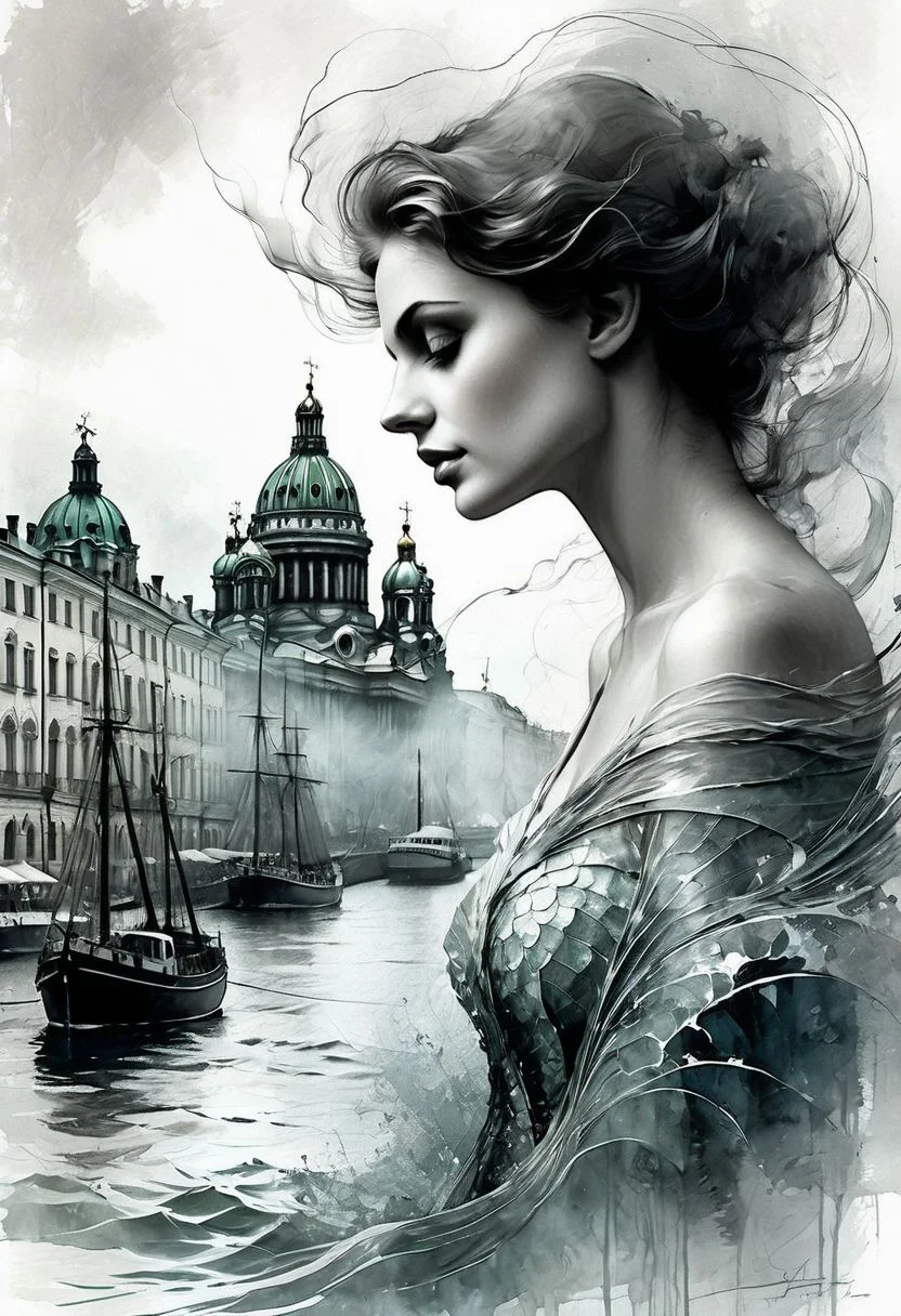 The perfect sea siren)) Double exposure, the fabulous city of St. Petersburg against the backdrop of a seascape, white background, misty haze, MINIMALISTIC rough sketch and rolling ink waves, mysterious style of Harrison Fisher, Jean Baptiste Monge, Thomas Kinkade, David Palumbo, Karn Griffiths.