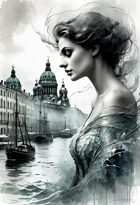 The perfect sea siren)) Double exposure, the fabulous city of St. Petersburg against the backdrop of a seascape, white background, misty haze, MINIMALISTIC rough sketch and rolling ink waves, mysterious style of Harrison Fisher, Jean Baptiste Monge, Thomas Kinkade, David Palumbo, Karn Griffiths.