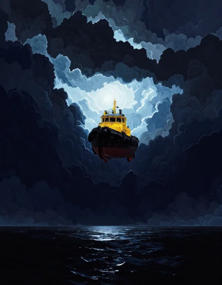 By Artem Chebokha. A digital illustration taken from below depicting a yellow tugboat floating in a stormy sky above the sea at night, illuminated by a full moon. The tugboat is in close-up in the center of the image, its bright yellow and black colors standing out against the dark, stormy background. It appears to be floating above a calm sea, the water reflecting the moonlight. The sky is populated by dark, swirling clouds, and the overall mood is eerie and brooding, with a sense of depth and mystery. The ship is positioned in the center of the frame, with no other objects in sight, and is the sole subject of the image.
