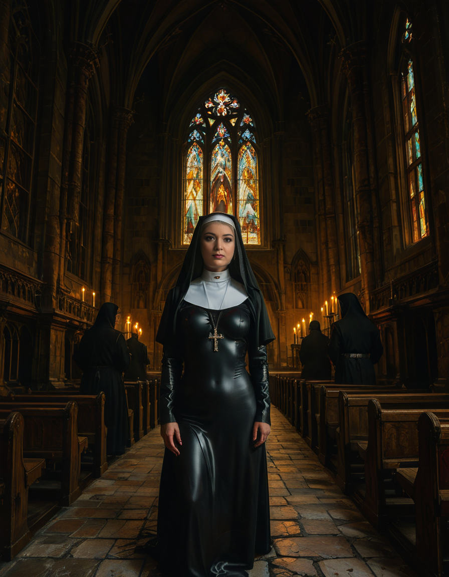 nsfw,focus on a nun,A gothic scene featuring a mysterious woman dressed as a nun in a flowing black latex habit with intricate lace detailing and choker and a red bra, standing solemnly inside of a G0th1c church. The atmosphere is charged with tension as an otherworldly presence seems to loom over the scene, casting eerie red and black shadows on the ancient stone. Other nuns in the background appear uneasy, their movements slow and dreamlike, as if they are being influenced by an unseen dark force. The cathedral's gothic architecture towers above with sharp spires, grotesque gargoyles, and a glowing stained-glass window radiating an unnatural crimson light.<lora:SDXLFaeTastic2400:0.4> <lora:extremely_detailed:0.4> extremely detailed, <lora:G0th1c_church:1>, Masterpiece,best quality,hi res,8k,hi res,8k,award winning,(sharp focus, intricate, highly detailed),