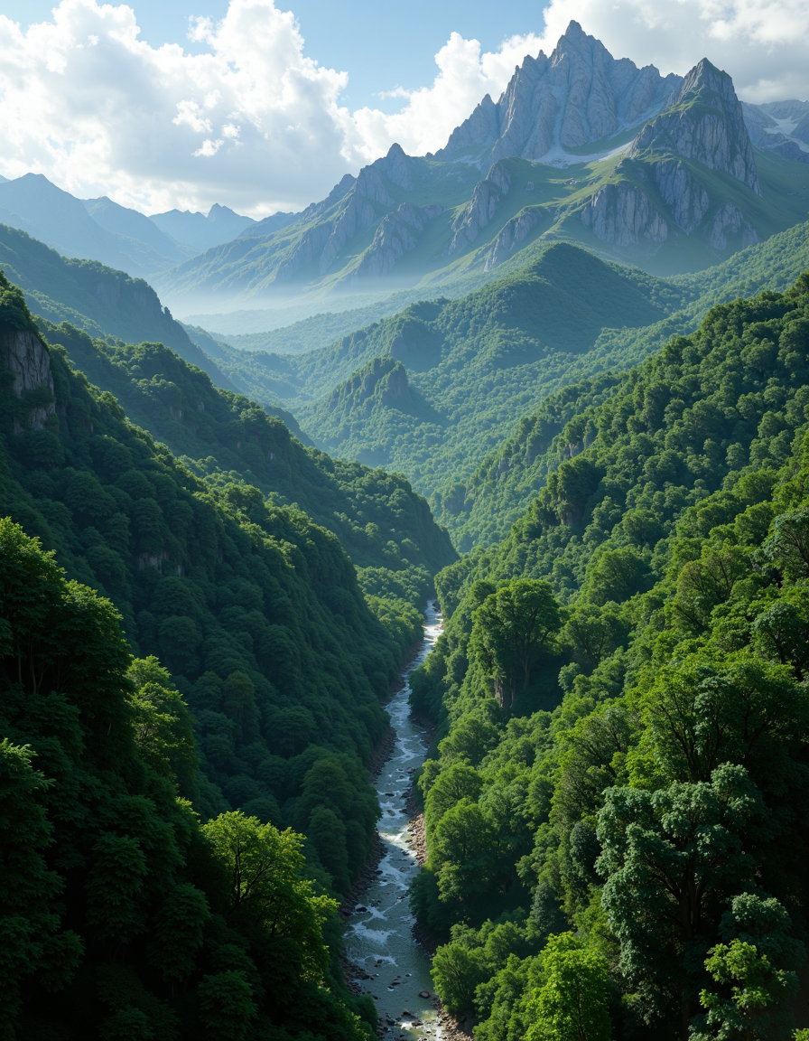Create a highly detailed, photorealistic image of an aerial view of an enchanting forest, its lush canopy weaving a tapestry of vibrant greens as seen from above. Majestic mountains rise in the distance, their peaks kissed by sunlight and veiled in mist, adding an air of mystery to the landscape. The scene unfolds like a painter's dreamâspellbinding, intricate, and brimming with wonderâa sanctuary of natural beauty that feels almost otherworldly in its magic and splendor. <lora:flux.1_lora_flyway_Epic-detail_v2:0.8> <lora:aidmaImageUpraderv0.3:0.4> aidmaimageupgrader