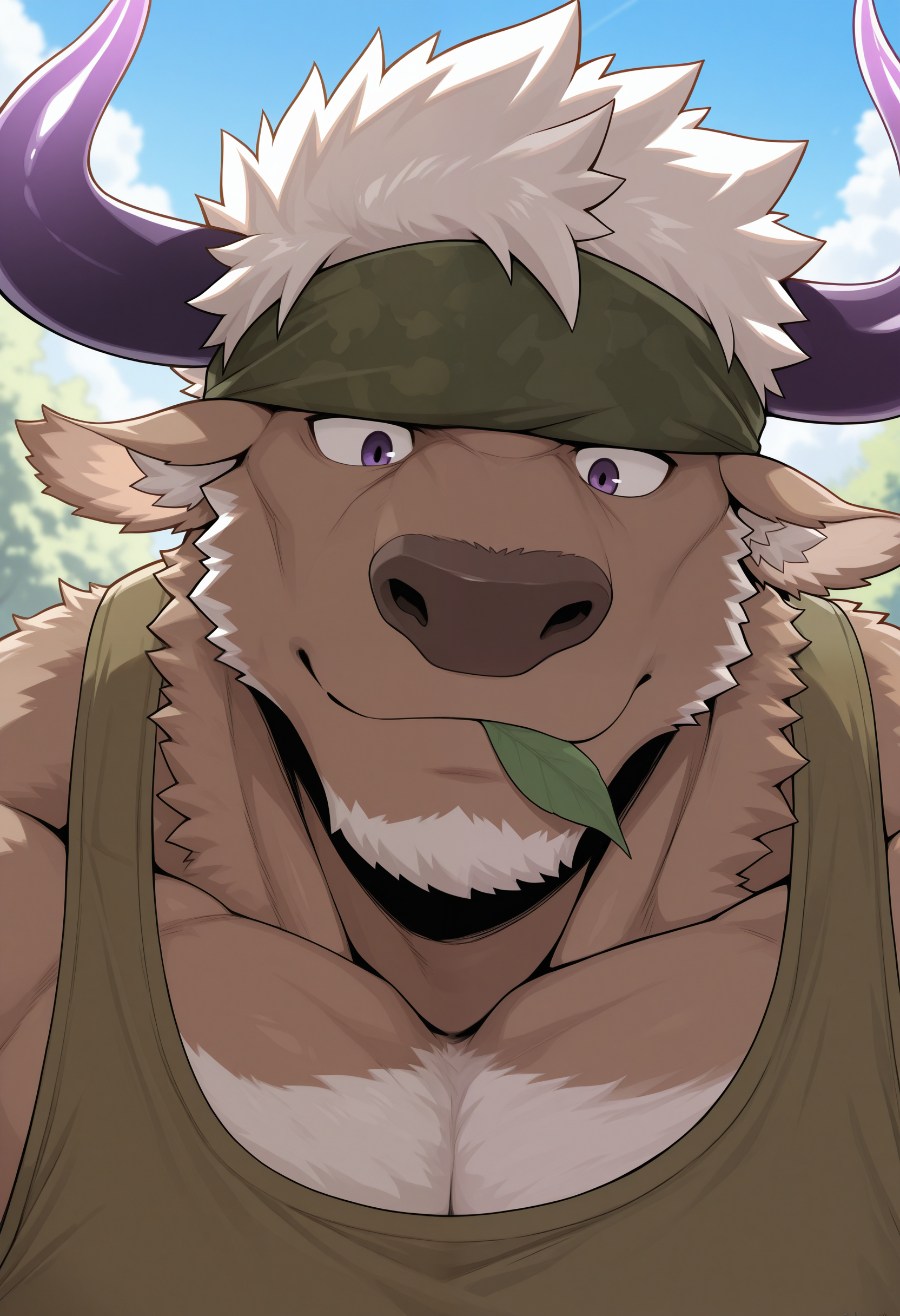 masterpiece,best quality, amazing quality, 1boy, solo, sh3nn0ng, minotaur, green tank top, green headband, leaf in mouth, close up, outside, 