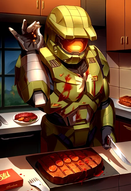 score_9, score_8_up, source_anime, saltbaememe, salt,, <lora:SaltBaeMeme_XLPD_CAME:1.2>, <lora:masterchief-halo-richy-v1_pdxl:1>, masterchief, helmet, visor, power armor, blood, kitchen, kitchen knife, flesh, food, steak,