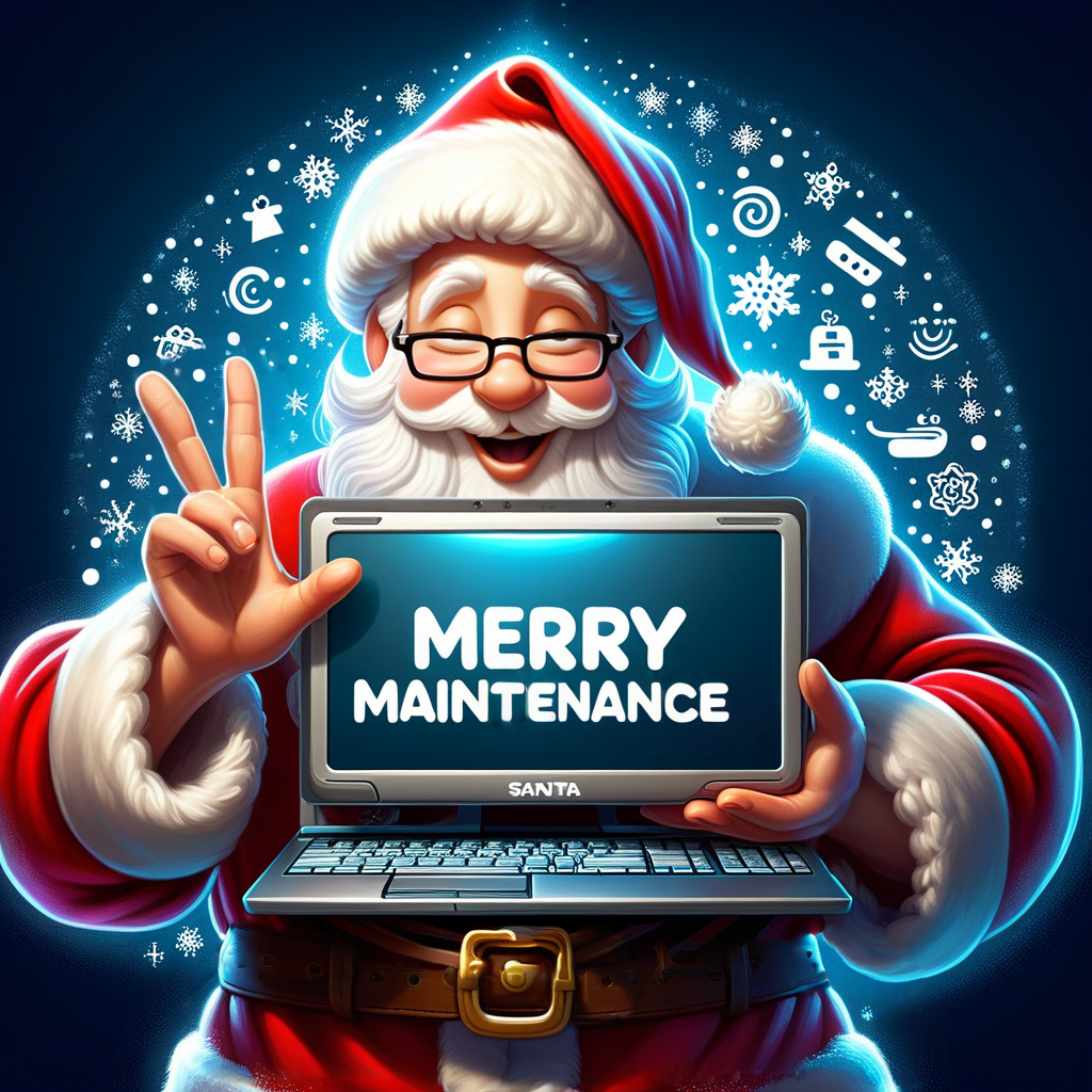 concept art, Santa Claus holding computer with both hand, presenting computer screen to viewer, closed eyes, happy, sheepy grin, ("Merry Maintenance" text logo:1.5), <lora:Harrlogos_v1.1:1>