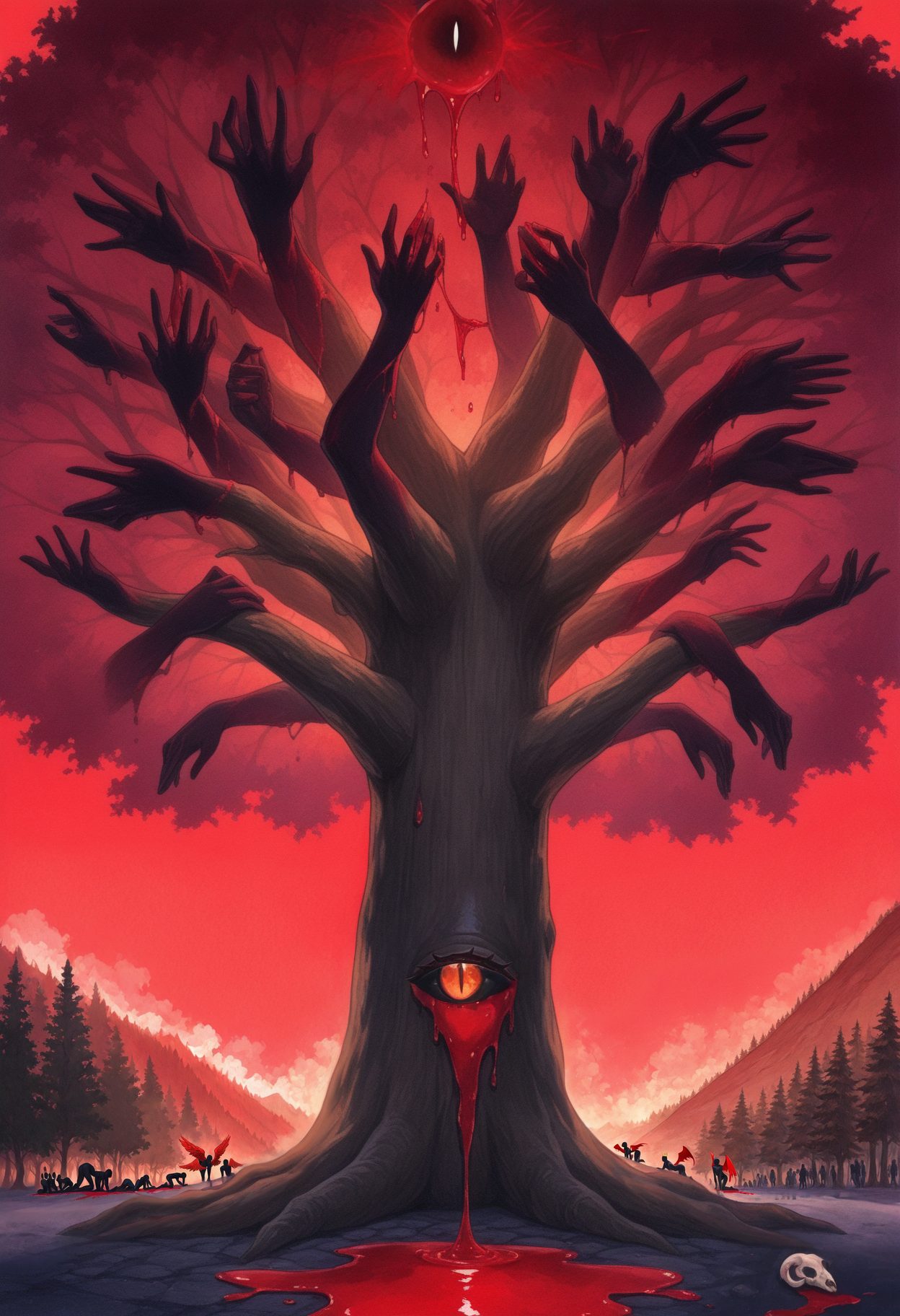 masterpiece, best quality, (realistic:0.35), traditional media, watercolor /(medium/), red blob, red puddle, red oil, multiple hands, red background, black theme, outdoors, tree, forest, black tree, hills
