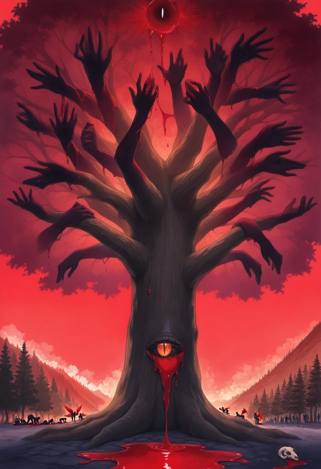 masterpiece, best quality, (realistic:0.35), traditional media, watercolor /(medium/), red blob, red puddle, red oil, multiple hands, red background, black theme, outdoors, tree, forest, black tree, hills