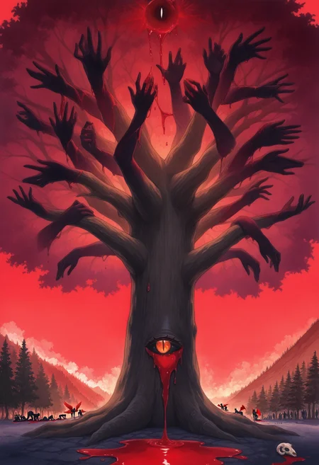 masterpiece, best quality, (realistic:0.35), traditional media, watercolor /(medium/), red blob, red puddle, red oil, multiple hands, red background, black theme, outdoors, tree, forest, black tree, hills
