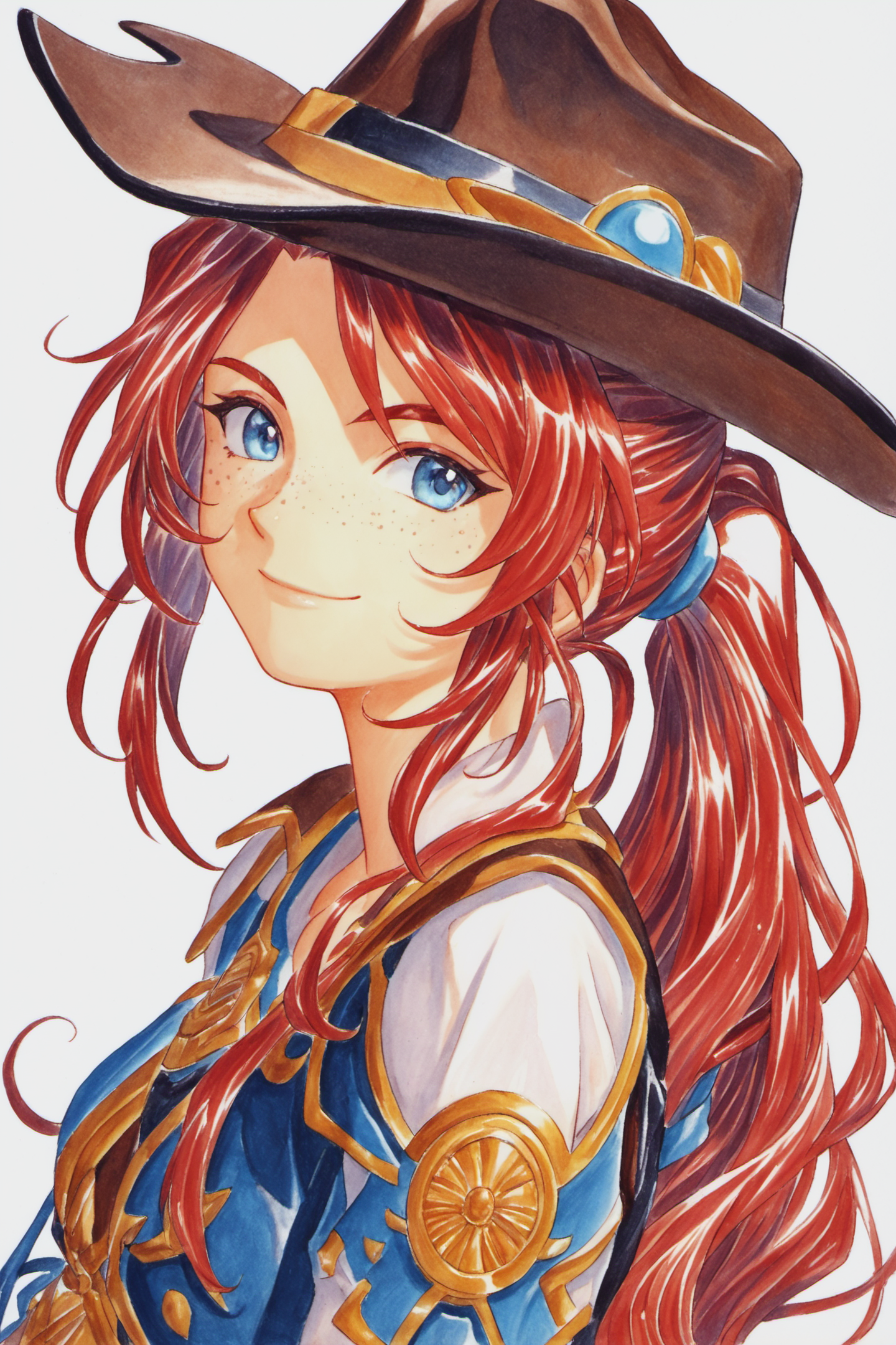 Gemini Sunrise,freckles,1girl,solo,hat,cowboy hat,blue eyes,long hair,smile,closed mouth,upper body,white background,traditional media,ponytail,cowboy western,simple background,looking at viewer,red hair,jewelry,red hair,score_9,score_8_up,<lora:Kosuke Fujishima_XL_PONY:0.9>,