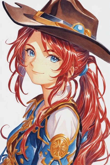 Gemini Sunrise,freckles,1girl,solo,hat,cowboy hat,blue eyes,long hair,smile,closed mouth,upper body,white background,traditional media,ponytail,cowboy western,simple background,looking at viewer,red hair,jewelry,red hair,score_9,score_8_up,<lora:Kosuke Fujishima_XL_PONY:0.9>,