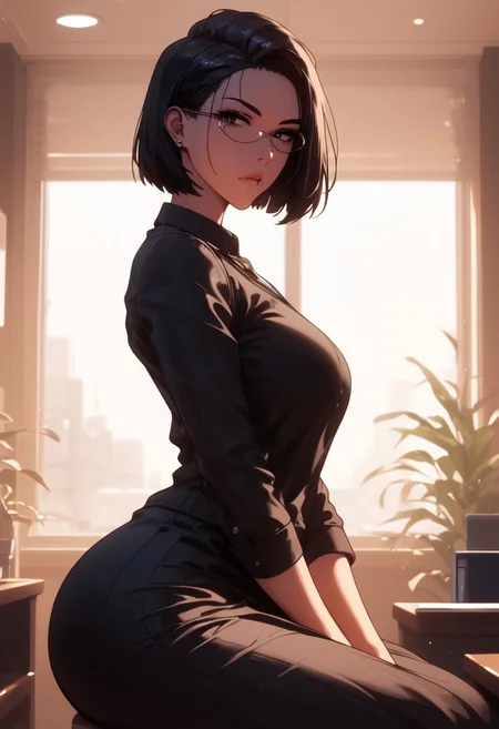 score_9,score_8_up,score_7_up,Girl's profile picture,solo,1girl,adult,front view,(housewife:1.2),black hair,short bob,straight hair,black eyes,sharp eyes,medium breasts,huge ass,thick thighs,office attire,long skirt,scowl,sitting in office, \(animated\),living room,looking_at_viewer,facing viewer,<lora:Expressive_H:1>,Expressiveh,<lora:shinyskin2:1>,glistening skin,<lora:perfect-eyes:0.8>,perfecteyes,