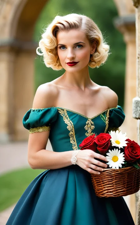 (Layered Depth, Parallax Effect, Soft focus foreground:1.3),surreal,(detailed landscape:1.1),(whimsical atmosphere:1.1),(powerful energy:1.1), (perfect seductive young woman selling magical flowers:1.3), (perfect seductive young woman selling magical flowers:1.3), (25 years old, small perky covered breasts, cleavage, skinny+, slender, young woman:1.2), (Oval-shaped face, luminous complexion, Bright almond-shaped eyes looking at viewer, [[dewy skin, peach and rose blush, minimal warm eyeshadow, subtle freckles]], Arched defined eyebrows, berry red lipgloss, dimple, subtle highlights, retroussé nose, bow-shaped lips side smiling, cheeky, Mischievous Sly+ smirk:1.2), (Sleek Hollywood Waves short bob hair, [blonde:red:0.6] hair Vintage Pinup Style, Gelled Curls:1.3), subtle makeup emphasizing natural beauty, vibrant medieval castle courtyard, bright sunlight, traditional Renaissance gown, voluminous skirt with rich embroidery, deep jewel tones - emerald greens and sapphire blues, intricately patterned gold brocade, delicate lace accents at the cuffs and neckline, basket of vividly roses, lilies, and daisies, styled to appear freshly picked, background bustling with castle life - knights, courtiers, and minstrels, intricate stone carvings and hanging tapestries, lively atmosphere with a sense of historical authenticity, a blend of [fantasy:realism:0.9], creating an immersive and captivating scene