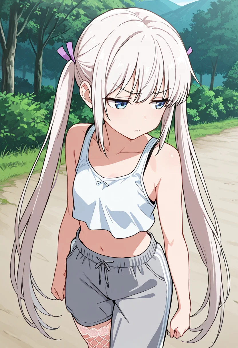 masterpiece,high quality details,
outdoors,
<lora:Komako_Semenovich:0.8> komako_cnr, 1girl, white hair, very long hair, twintails, blue eyes,sidelocks, hair ribbon,, disdain,furrowed brow,, crop top,tank top,sweatpants, ,lace legwear,