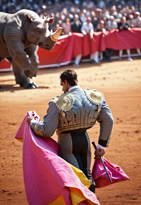 score_9, score_8_up, score_7_up, tr4j3, 1boy, from above,( twirling cape:1.3), cape, holding sword, sword,  jacket, pants, navy traje, gems, flower design, ass, (fighting giant rhinoceros in bullring:1.5), bullring, spectators, blurry background <lora:traje_PNY_Panache-000007:1>