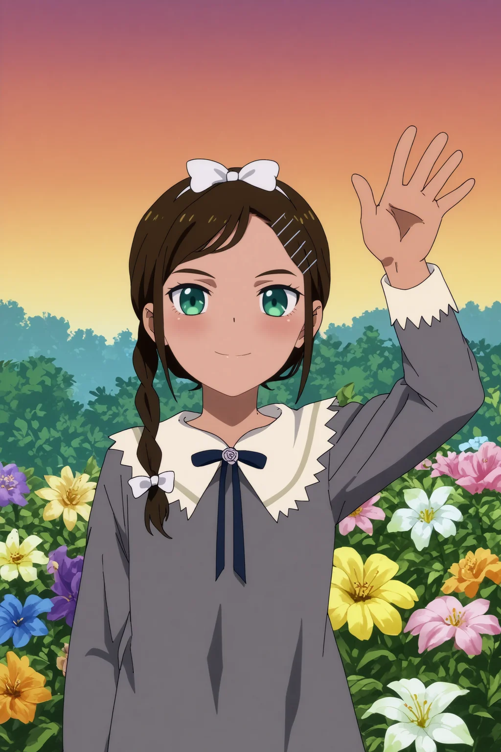 aonuma neiru,1girl,solo,smile,hair ornament,flower,hairclip,dark skin,short hair,braid,dress,twin braids,hair bow,long sleeves,upper body,waving BREAK outdoors,sunset,orange sky,cityscape <lora:Aonuma_Neiru_-_Wonder_Egg_Priority.safetensors:0.8> <lora:detailed_backgrounds_v2.safetensors:0.5>