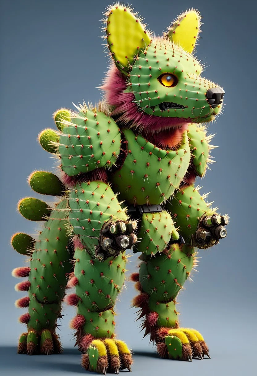 score_9, score_8_up, score_7_up, cs-l3ath3r, NCRender,
Hidegarurumon is a fierce, wolf-like Digimon covered in rugged, dark brown Prickly Cactus armor. Its fur is sparse and resembles a patchwork of aged, Prickly Cactus pieces that provide both flexibility and durability. The armor on its body is reinforced with Prickly Cactus straps and buckles, designed to offer both protection and mobility. Its glowing yellow eyes shine through a mask-like Prickly Cactus faceplate, and sharp Prickly Cactus claws extend from its paws, capable of tearing through most materials. A large, jagged Prickly Cactus tail swishes behind it, hardened to serve as both a weapon and a tool for balance in combat. NCRender