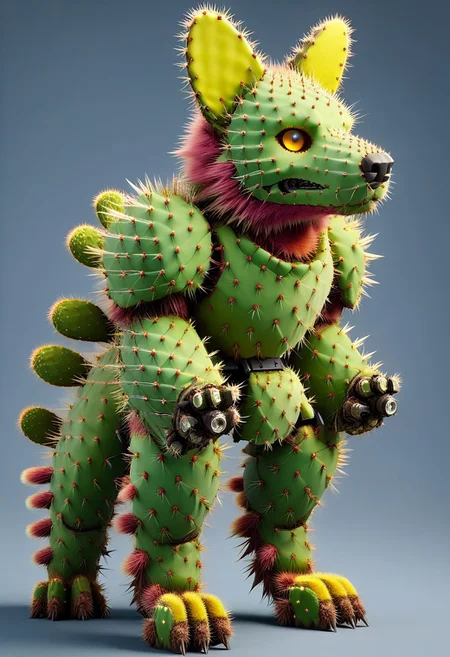 score_9, score_8_up, score_7_up, cs-l3ath3r, NCRender,
Hidegarurumon is a fierce, wolf-like Digimon covered in rugged, dark brown Prickly Cactus armor. Its fur is sparse and resembles a patchwork of aged, Prickly Cactus pieces that provide both flexibility and durability. The armor on its body is reinforced with Prickly Cactus straps and buckles, designed to offer both protection and mobility. Its glowing yellow eyes shine through a mask-like Prickly Cactus faceplate, and sharp Prickly Cactus claws extend from its paws, capable of tearing through most materials. A large, jagged Prickly Cactus tail swishes behind it, hardened to serve as both a weapon and a tool for balance in combat. NCRender