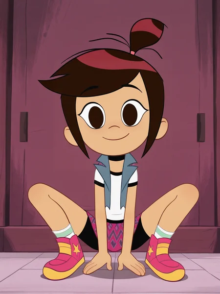 <lora:Molly_McGeeIL:0.9> 1girl, m_m, almond-shaped dark brown eyes, straight dark brown hair, small high ponytail,pink hair tie, white-and-black shirt, ripped jean vest, black biker shorts, magenta skirt with purple pattern, white socks, pink high-top sneakers with star
looking at viewer, squatting, front view, spreading legs,