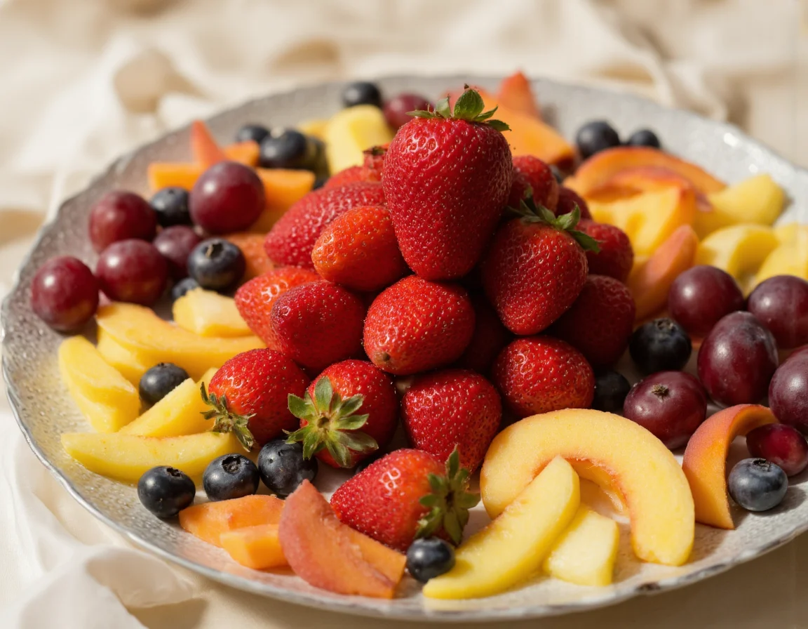 <lora:{yummy, }yummy-000019:0.85> yummy, A vibrant and inviting photorealistic image of a beautifully arranged fruit platter, captured in stunning 4k resolution. The platter itself is made of polished silver, reflecting the light and adding a touch of luxury to the scene. At the center of the platter is a pyramid of juicy, ripe strawberries, their bright red color glistening with subtle dew drops. Surrounding the strawberries are slices of fresh pineapple, their golden yellow hue and intricate texture invitingly detailed. Scattered around the platter are clusters of plump, dark purple grapes, a few of them slightly overlapping to create a sense of abundance. To one side, a delicate fan of sliced peaches adds a pop of warm, sunset orange, while on the other, a small pile of fresh blueberries provides a deep, rich contrast. The lighting is soft and natural, with a warm glow that hints at a sunny afternoon, casting gentle shadows that accentuate the textures and contours of the fruit. The background is a blurred, creamy white, allowing the fruit platter to take center stage. The shot is a close-up, with a shallow depth of field that blurs the edges of the platter slightly, drawing the viewer's eye to the vibrant, colorful fruit. The overall mood is one of fresh, healthy abundance, perfect for a summer gathering or special occasion. The image features a high level of detail, with visible pores on the fruit and subtle reflections on the silver platter, creating a truly immersive and appetizing visual experience. 8k highest resolution with sharp intricate details. Hyperrealistic, detailed, and vivid. . 35mm photograph, film, bokeh, professional, 4k, highly detailed