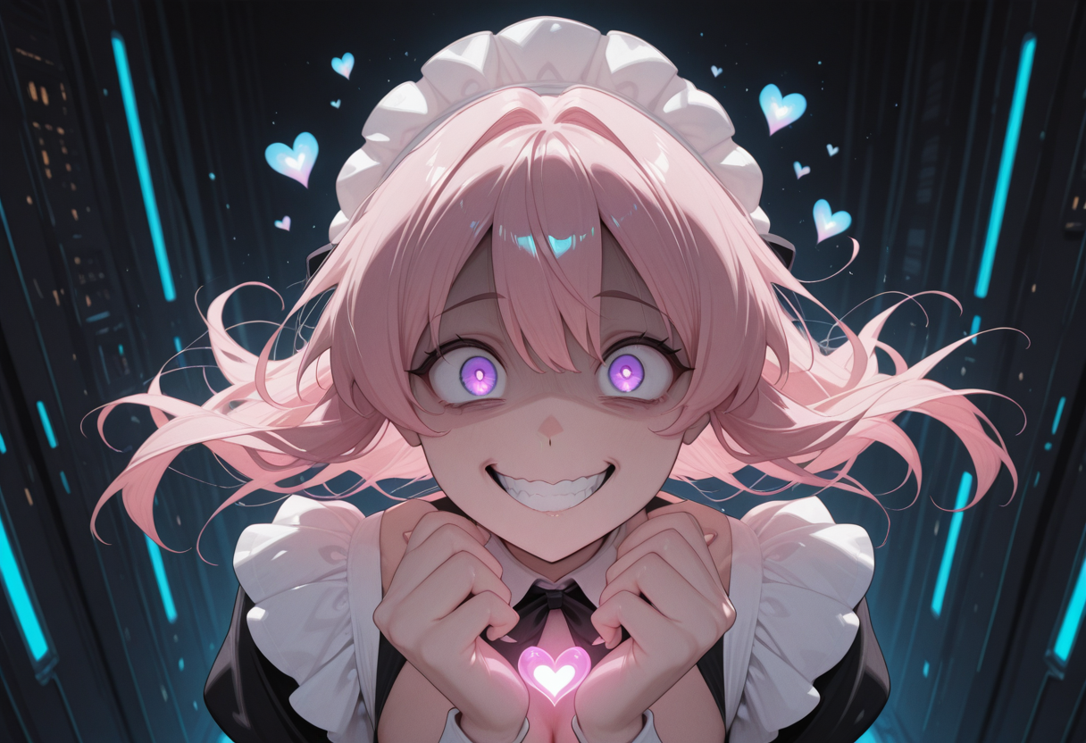 (masterwork, masterpiece, best quality, hyper-detailed, 8k uhd:1.4) 1girl,solo, CivChan, pink hair, purple eyes, maid uniform, (cleavage:0.6), wide eyes, staring at viewer, huge grin, (scary:1.4), demented, (crazy:1.4), looking over the top of a black wall <lora:CivChan_Illustrious:0.9> quality: masterpiece, extremely aesthetic, highly detailed, dynamic composition, vibrant colors, vivid colors, saturated, dark background, server room, blue lights, (floating glowing hearts showing love:1.4)