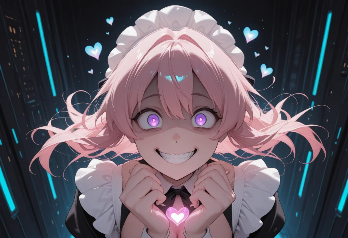 (masterwork, masterpiece, best quality, hyper-detailed, 8k uhd:1.4) 1girl,solo, CivChan, pink hair, purple eyes, maid uniform, (cleavage:0.6), wide eyes, staring at viewer, huge grin, (scary:1.4), demented, (crazy:1.4), looking over the top of a black wall <lora:CivChan_Illustrious:0.9> quality: masterpiece, extremely aesthetic, highly detailed, dynamic composition, vibrant colors, vivid colors, saturated, dark background, server room, blue lights, (floating glowing hearts showing love:1.4)