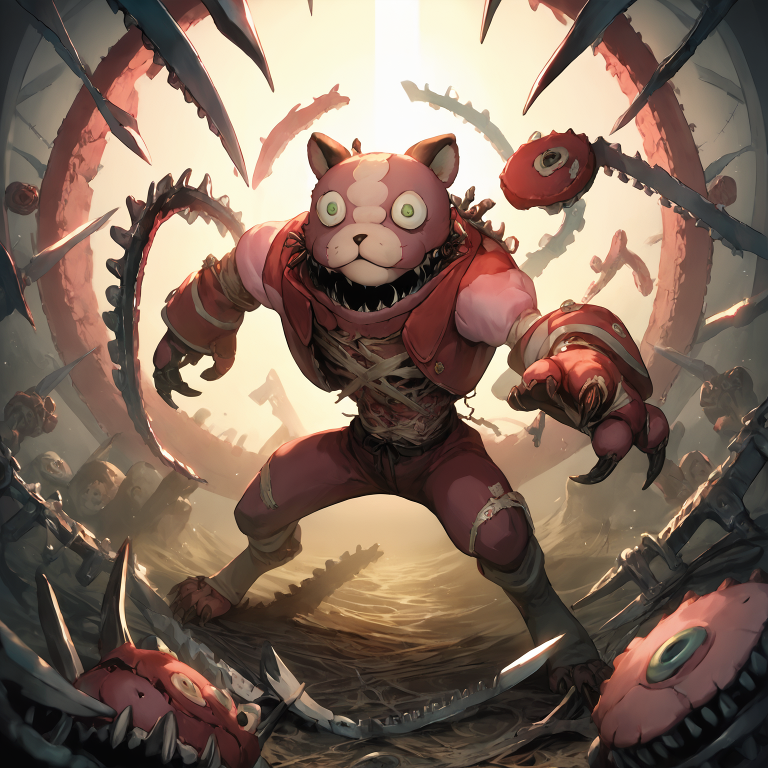 score_9, score_8_up, score_7_up, score_6_up, score_5_up, score_4_up,  source_anime, frightfur cheerilee, frightfur, dynamic pose, stuffing, chainsaw, blades, stitches, detailed, lace background, creative, figurative,  <lora:Frightfurfluffal1-000010:1>