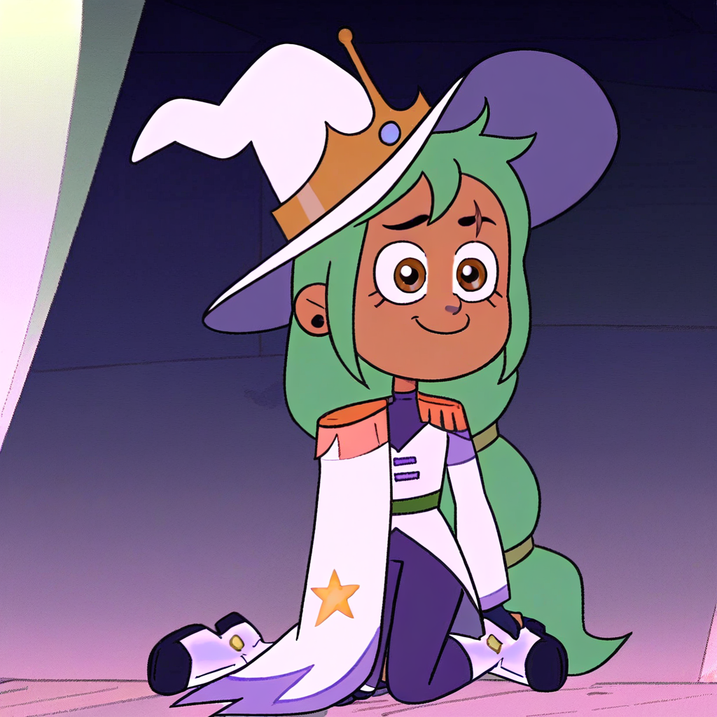 luz_noceda_oh, 1girl, solo, hat, dark skin, dark-skinned female, long hair, smile, green hair, brown eyes, white footwear, witch hat, white headwear, epaulette, black earrings, white boots, green wig, green hair, azuracosplay, Crown, scar