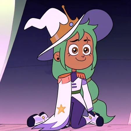 luz_noceda_oh, 1girl, solo, hat, dark skin, dark-skinned female, long hair, smile, green hair, brown eyes, white footwear, witch hat, white headwear, epaulette, black earrings, white boots, green wig, green hair, azuracosplay, Crown, scar