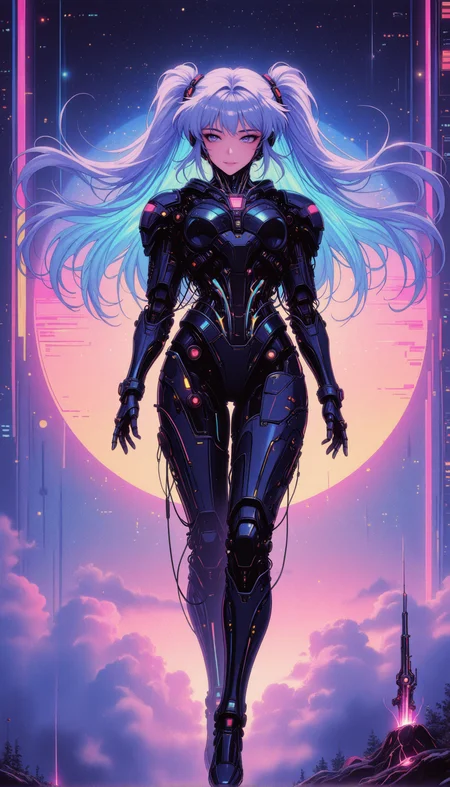 1girl, translucent cybernetic armor, embedded rainbow LED veins, soft glowing effect, cyber angelic aesthetics, floating in digital dreamscape, surreal ambiance masterpiece, best quality, amazing quality, very aesthetic, absurdres, detailed eyes, newest, <lora:PinkieRetroCybercoreIL:1>, pinkretrocybercore, retro, <lora:ck-neon-retrowave-IL-000012:0.8>, in the style of ck-rw,