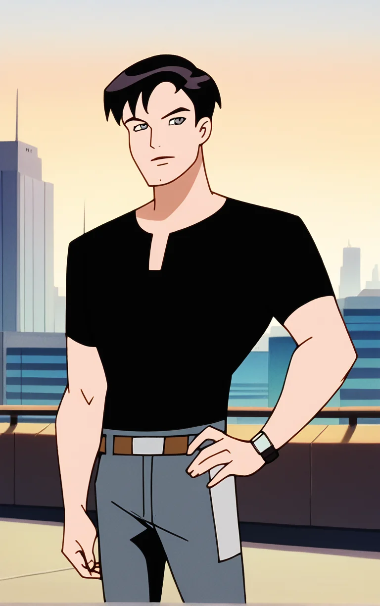 score_9, score_8_up, score_7_up, BREAK
BlackShirt_TerryMcGinnis_ownwaifu,
1boy, black hair, grey eyes, short hair, bangs,
black shirt, short sleeves, t-shirt, belt, brown belt, wristwatch, watch, grey pants, shirt tucked in, blue pants, belt buckle,
(contrapposto, hand on hip), sunset, sidelighting, cityscape, vanishing point, outdoors, depth of field, solo,
<lora:PONYXL_DC_BatManBeyond_TerryMcGinnis_ownwaifu_r1:0.8> , depth of field,
,