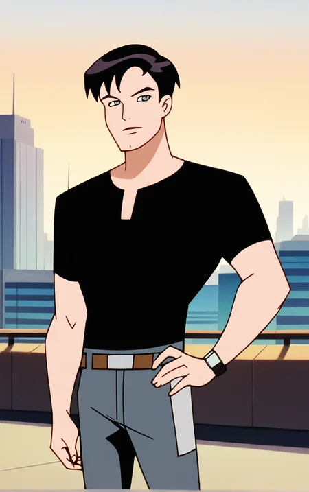 score_9, score_8_up, score_7_up, BREAK
BlackShirt_TerryMcGinnis_ownwaifu,
1boy, black hair, grey eyes, short hair, bangs,
black shirt, short sleeves, t-shirt, belt, brown belt, wristwatch, watch, grey pants, shirt tucked in, blue pants, belt buckle,
(contrapposto, hand on hip), sunset, sidelighting, cityscape, vanishing point, outdoors, depth of field, solo,
<lora:PONYXL_DC_BatManBeyond_TerryMcGinnis_ownwaifu_r1:0.8> , depth of field,
,