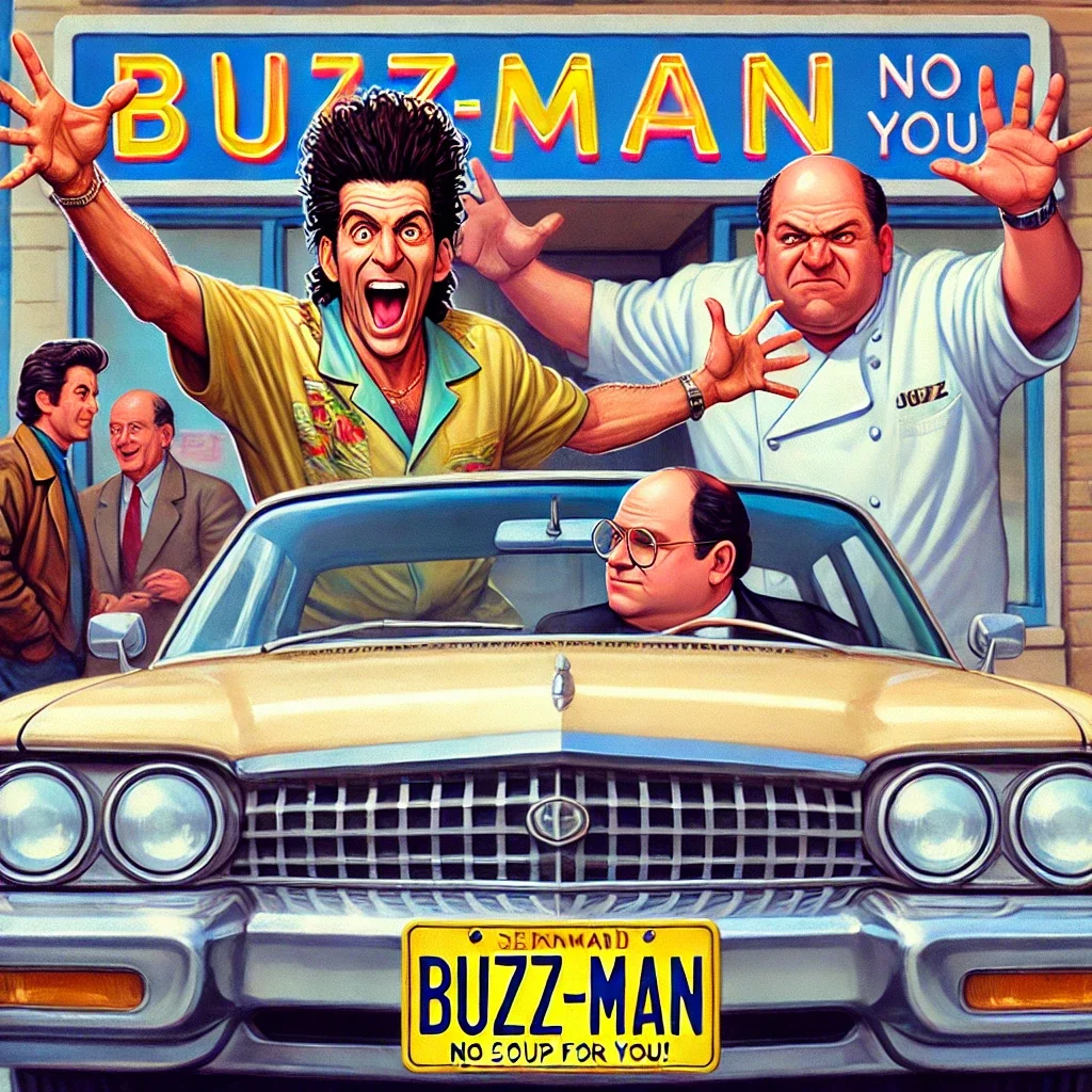 The BuzzMan in the style of the Assman from Seinfeld