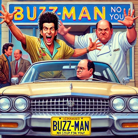 The BuzzMan in the style of the Assman from Seinfeld