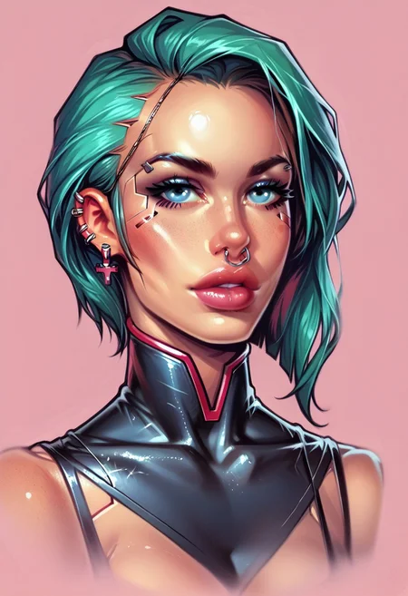 , Hyper-realistic, ultra-detailed cyberpunk portrait of a futuristic young woman with an edgy, high-tech aesthetic. Her skin is glossy and reflective, appearing almost liquid-metal with a smooth, oily texture that catches the vibrant glow of surrounding neon lights. Tiny freckles dot her face, blending into shimmering iridescent patterns that shift in color as they reflect electric hues of magenta, cyan, and violet. The photorealism is enhanced by dynamic light effects, casting sharp reflections and subtle shadows across her features. Her eyes, sharp and daring, gaze upward with a fearless expression, her metallic teeth glinting under the neon glow. Sleek mechanical implants trace along her jawline and neck, integrating seamlessly with her chrome-finished skin, creating the perfect balance between human beauty and cybernetic precision. Multiple piercings adorn her ears, nose, and lips, with silver chains elegantly draping across her face, catching flickers of neon with every movement. Subtle bloodstains on her lips introduce a raw, visceral edge, contrasting the polished elegance of her cybernetic enhancements. Her neck, covered in intricate tattoos, transitions into exposed cybernetic components—wires, circuits, and softly glowing energy conduits visible beneath translucent metal plates. Her bright teal hair, sharply styled with angular cuts, adds a vivid contrast against a pulsating neon-pink background that radiates futuristic energy. Cross-shaped earrings swing slightly, reflecting light with each movement. Dramatic lighting enhances the depth of her expression, with shadows strategically covering parts of her face to create a moody, dystopian atmosphere. The overall scene radiates digital tension, a perfect blend of rebellion, futuristic fashion, and cybernetic artistry in a high-tech, neon-lit cityscapebackground score_9, score_8_up, score_7_up, score_6_up, source_cartoon, rating_explicit, Expressiveh, ((portrait, close up)), dynamic pose, (the_same_girl_throughout), extreme close-up Portrait