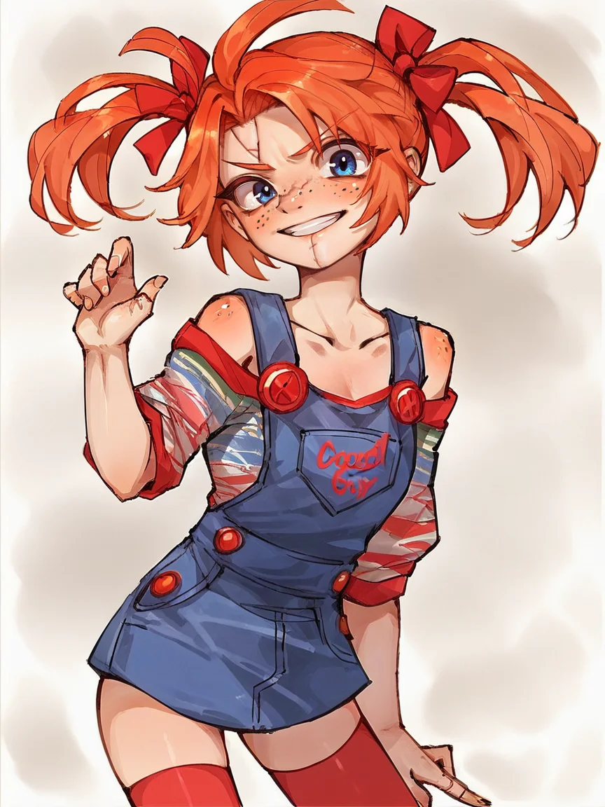 score_9, score_8_up, score_7_up, score_6_up, score_5_up, <lora:FemChuckyXLP:1> femchucky, 1girl, solo, twintails, blue eyes, thighhighs, overalls, orange hair, freckles, stitches