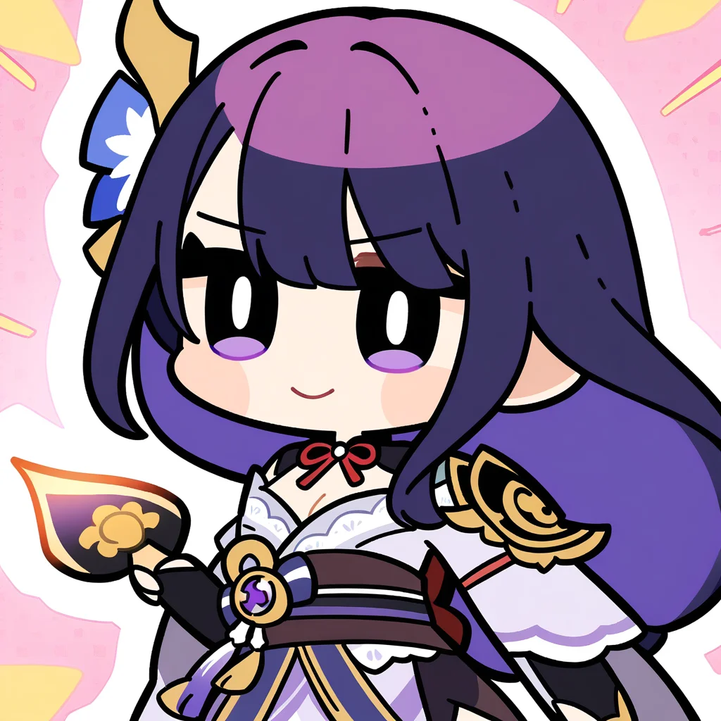 (bkub_\(style\):0.8), 1girl, raiden shougun, genshin impact, solo, holding sword, cleavage, |_|, light smile, safe, newest, masterpiece, very aesthetic