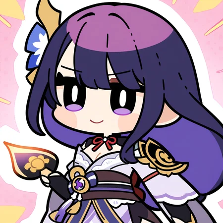 (bkub_\(style\):0.8), 1girl, raiden shougun, genshin impact, solo, holding sword, cleavage, |_|, light smile, safe, newest, masterpiece, very aesthetic