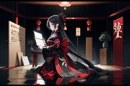 highly insanely detailed, masterpiece, top quality, best quality, highres, 4k, 8k, RAW photo, (very aesthetic, beautiful and aesthetic),  
(code_style,codestyle),japanese text,traditional chinese text,english text,(sympattern,geometric pattern), 
<lora:CodeStyle (half generic class)_564920:0.3>, 
(1girl:1.3), 1other, 
jet black background,âââ