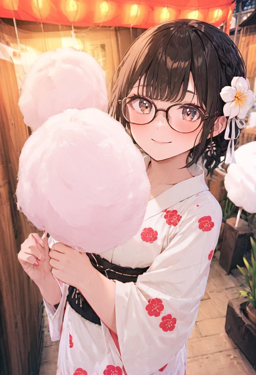 masterpiece, best quality, very aesthetic, absurdres,
cotton candy, 1girl, solo, glasses, black hair, holding, holding food, food, skewer, yukata, hair flower, braid, night, summer, paper lantern, 
 <lora:wataame_SDXL_V1:1>
